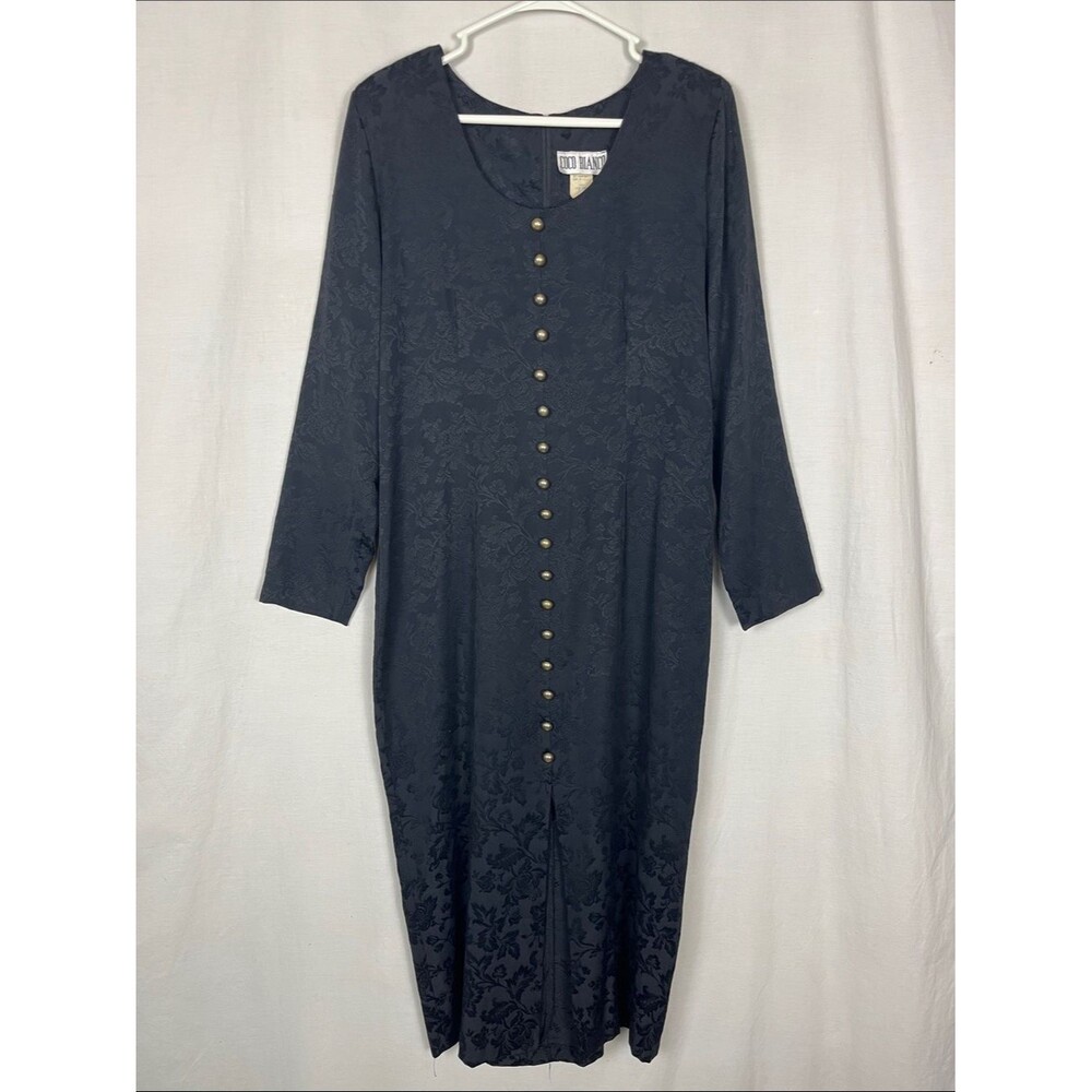 Coco Bianco Vintage Black Floral Long Sleeve 90s Dress with Gold Buttons